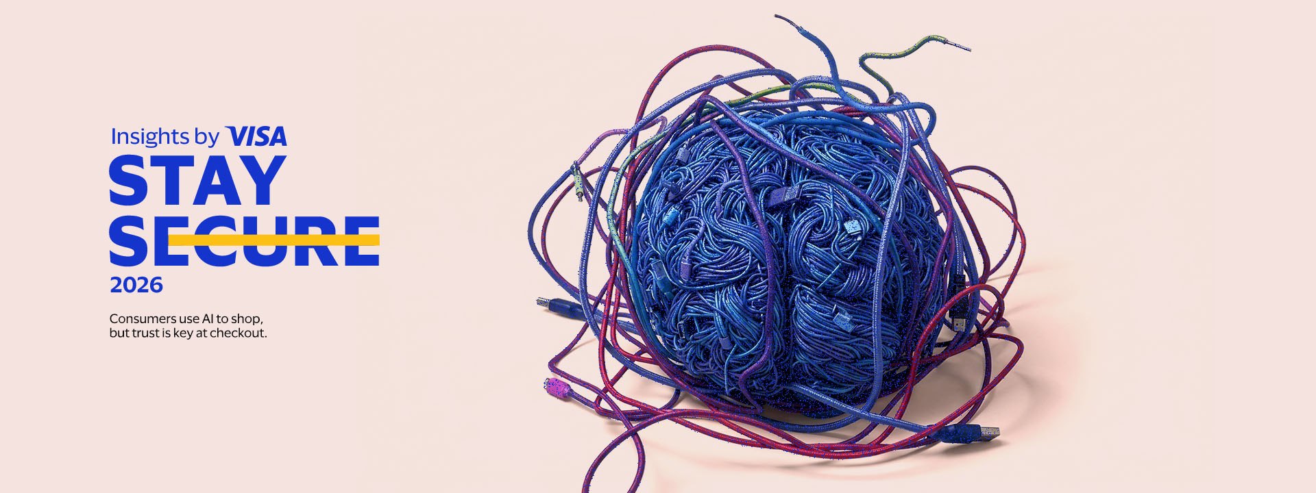 A tangled ball of colorful cables sits on a light background. Text reads "Insights by Visa: Stay Secure 2026."