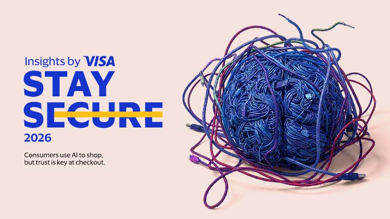 A tangled ball of colorful cables sits on a light background. Text reads "Insights by Visa: Stay Secure 2026."