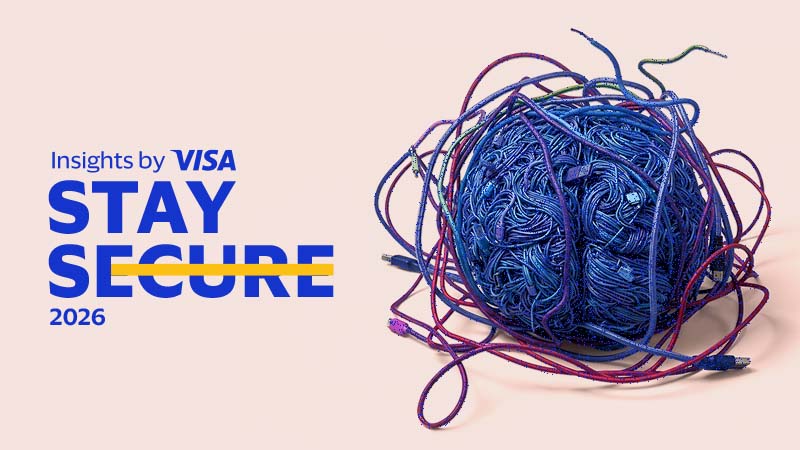 A tangled ball of colorful cables sits on a light background. Text reads "Insights by Visa: Stay Secure 2026."