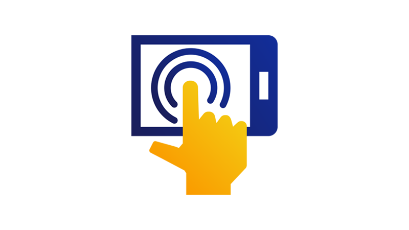 A hand with its pointer finger pressing down on the screen of a mobile device.