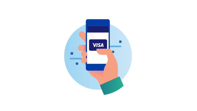 An image of a hand holding a phone, showing how to use Visa card for secure online shopping