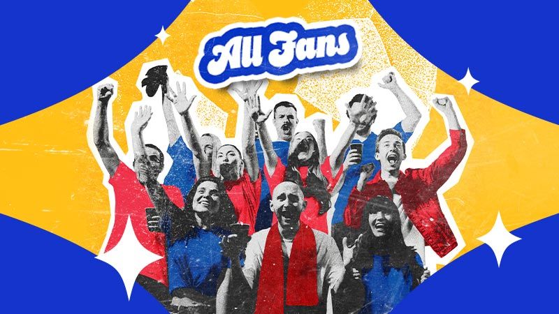 A group of diverse, enthusiastic fans cheer with raised arms and smiles. They wear red and blue attire against a vibrant blue and yellow background.
