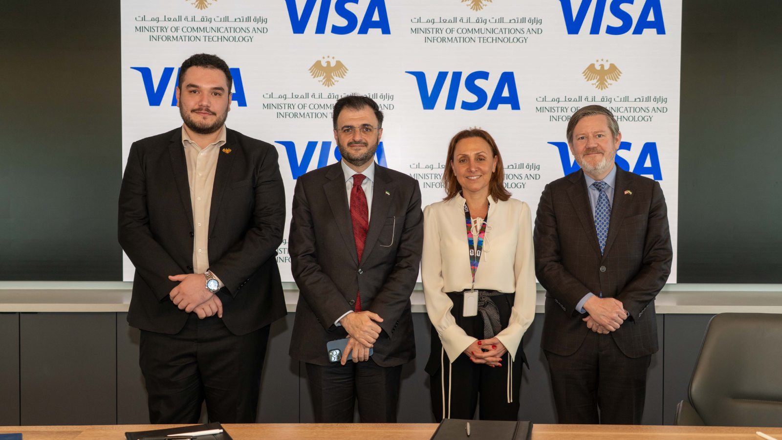 Left to right:  Abdulwahab Omira, Head of AI and Government Applications, Syrian Ministry of ICT, H.E. Minister Abdulsalam Haykal, Leila Serhan, Senior Vice President and Group Country Manager for North Africa, Levant and Pakistan, Visa, Steve Lutes, Vice President, Middle East, U.S. Chamber of Commerce