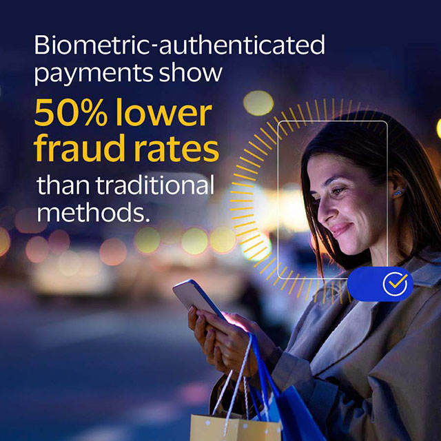 A woman smiles while using her phone, with glowing biometric graphics and shopping bags in her hand. Text: "Biometric-authenticated payments show 50% lower fraud rates than traditional methods."