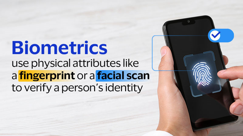 A person holds a smartphone displaying a fingerprint scan. Text "Biometrics use physical attributes like a fingerprint or a facial scan to verify a person's identity."