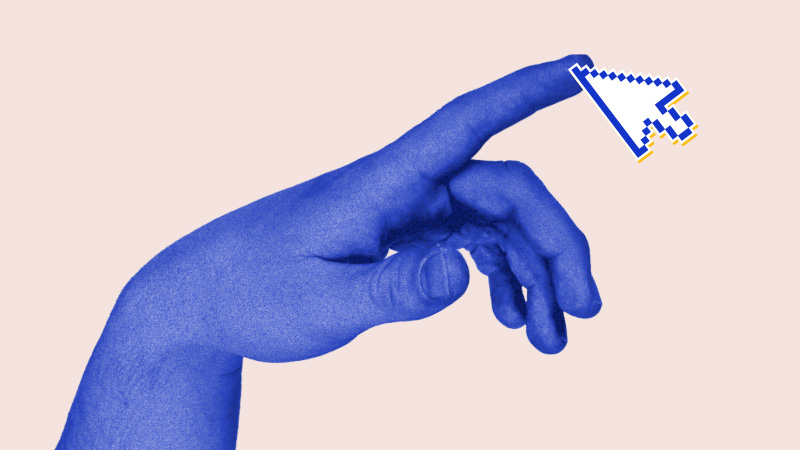 A blue hand pointing interacts with a pixelated cursor arrow on a light peach background.