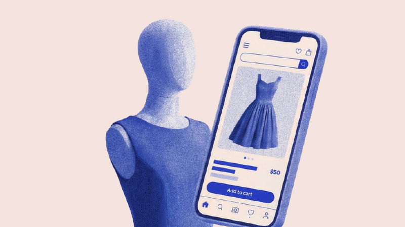 A blue mannequin in a sleeveless dress next to a smartphone displaying an online shopping app featuring a similar dress priced at $50.