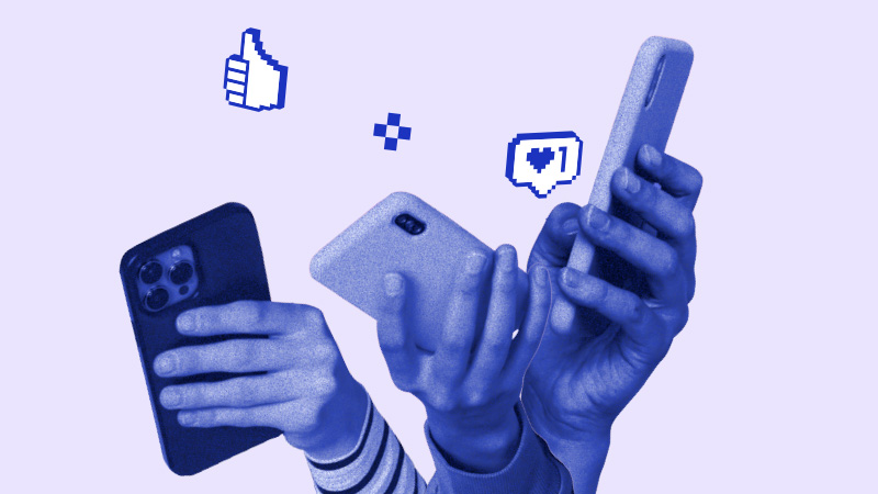 Three hands holding smartphones, surrounded by digital thumbs-up and heart icons, convey a theme of online interaction and engagement. 