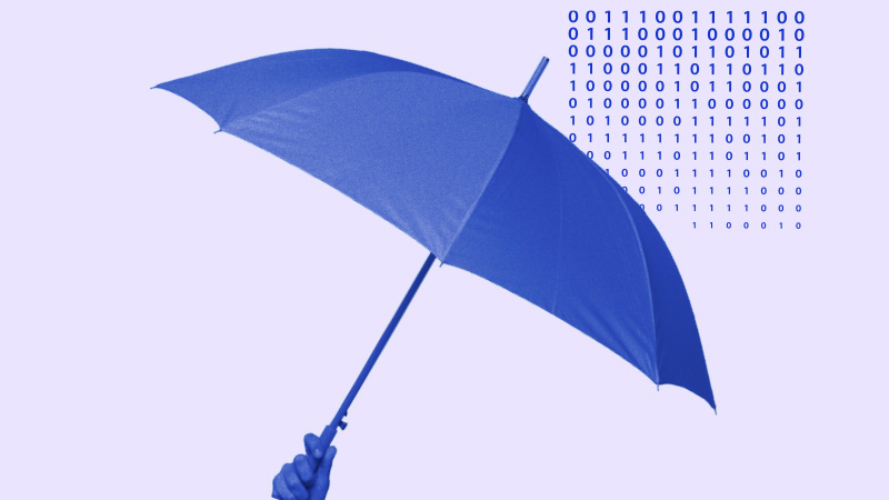 A hand holds a blue umbrella against a backdrop of binary code, symbolizing digital protection.
